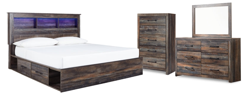 Drystan King Bookcase Bed with 4 Storage Drawers with Mirrored Dresser and Chest - furniture place usa