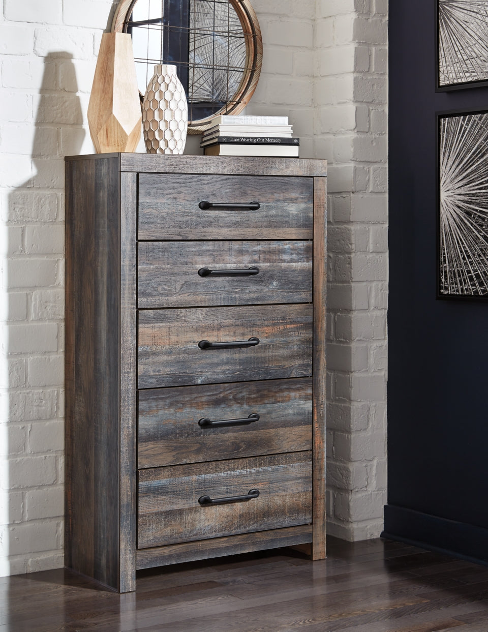 Drystan King/California King Bookcase Headboard Bed with Mirrored Dresser and Chest - furniture place usa