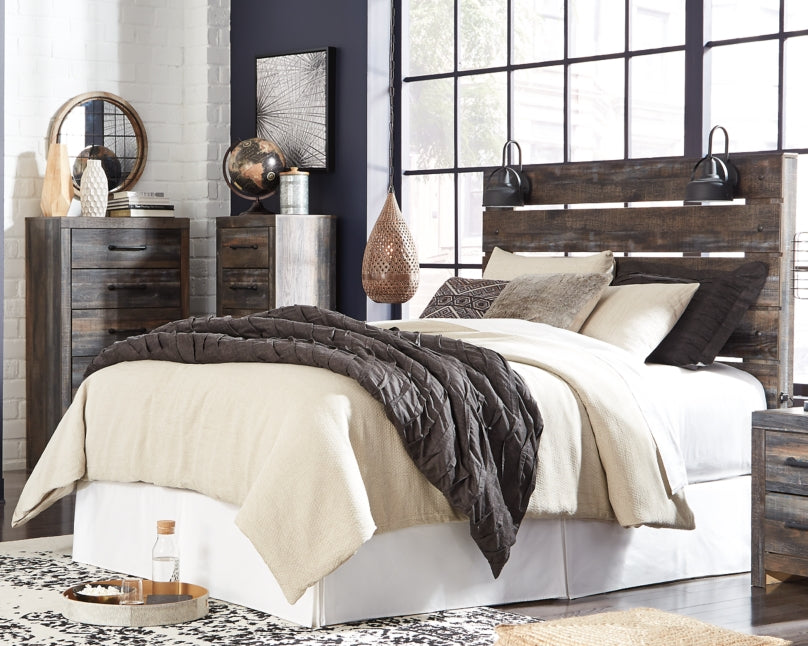 Drystan Queen Panel Headboard Bed with Mirrored Dresser and Chest - furniture place usa