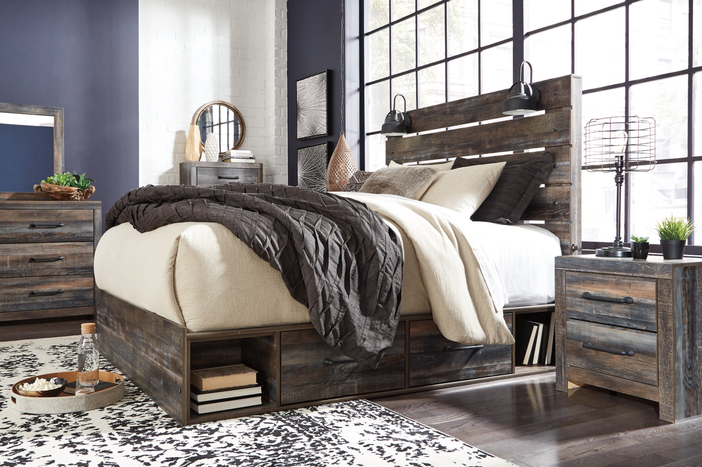 Drystan Twin Panel Bed with 2 Storage Drawers with Mirrored Dresser, Chest and 2 Nightstands - furniture place usa