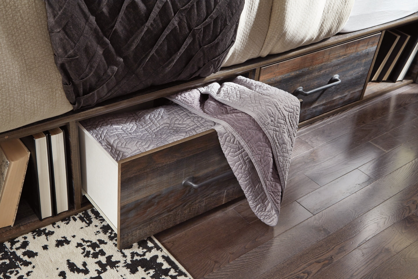 Drystan Queen Panel Bed with 2 Storage Drawers with Mirrored Dresser, Chest and Nightstand - PKG003172 - furniture place usa