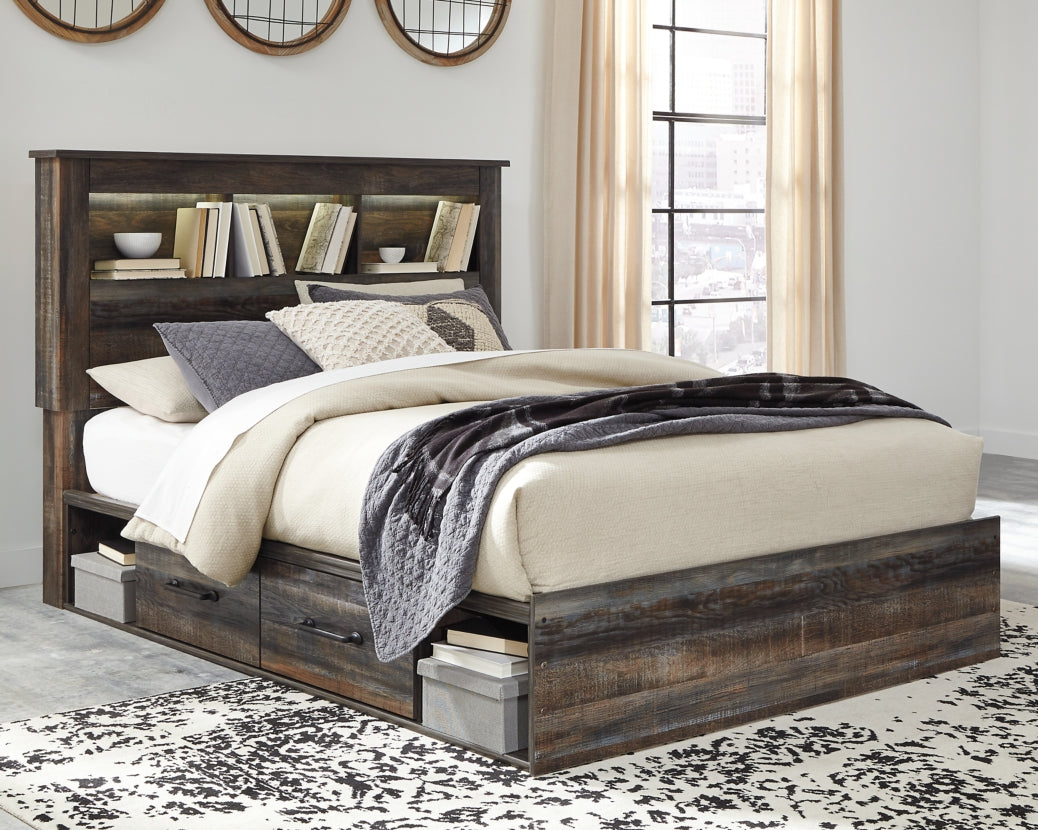Drystan Queen Bookcase Bed with 4 Storage Drawers with Mirrored Dresser, Chest and Nightstand - furniture place usa