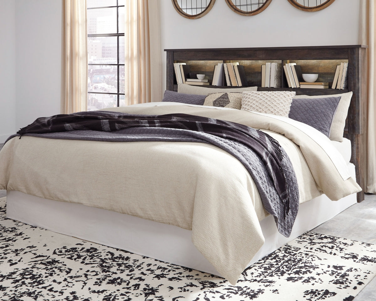 Drystan King/California King Bookcase Headboard Bed with Mirrored Dresser and Chest - furniture place usa