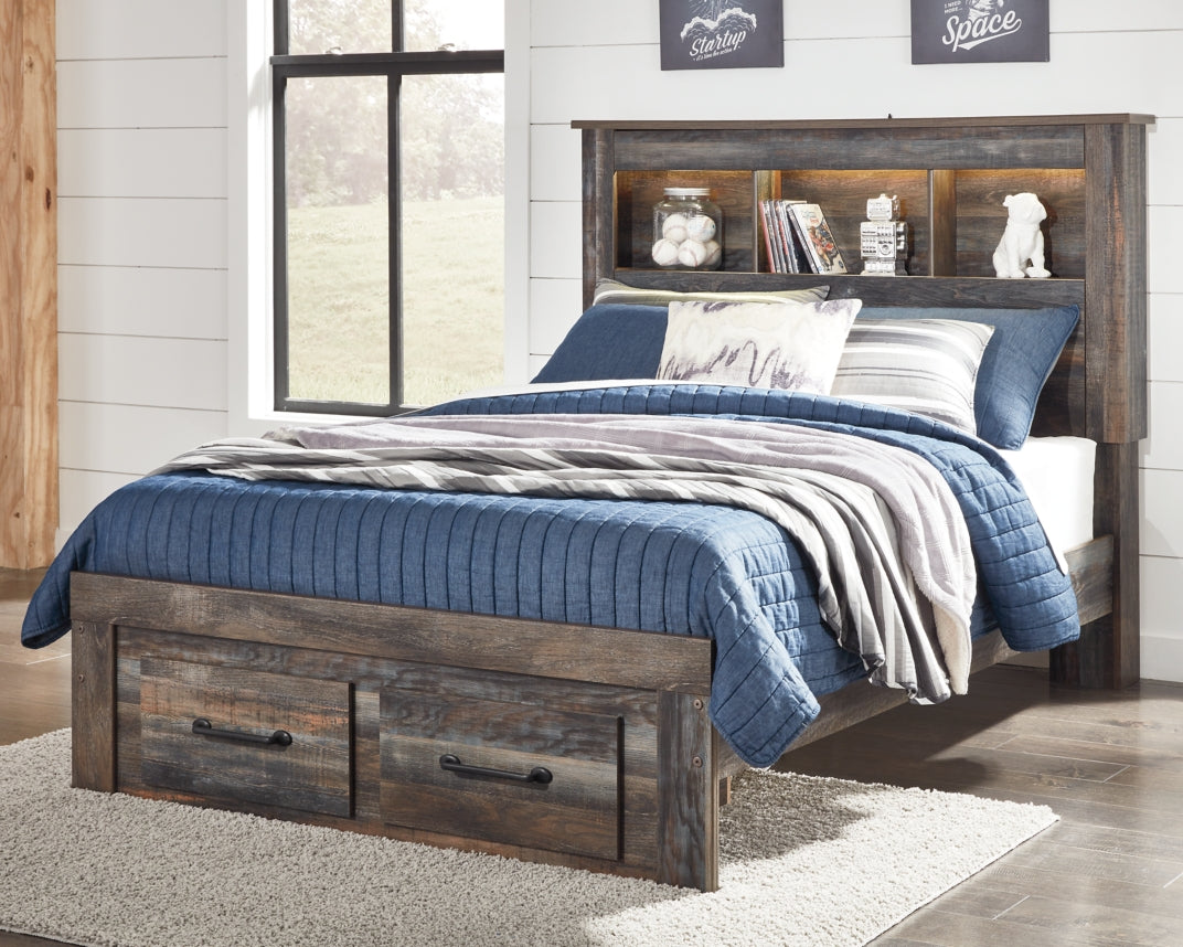 Drystan Full Bookcase Bed with 2 Storage Drawers with Mirrored Dresser, Chest and Nightstand - PKG003238 - furniture place usa