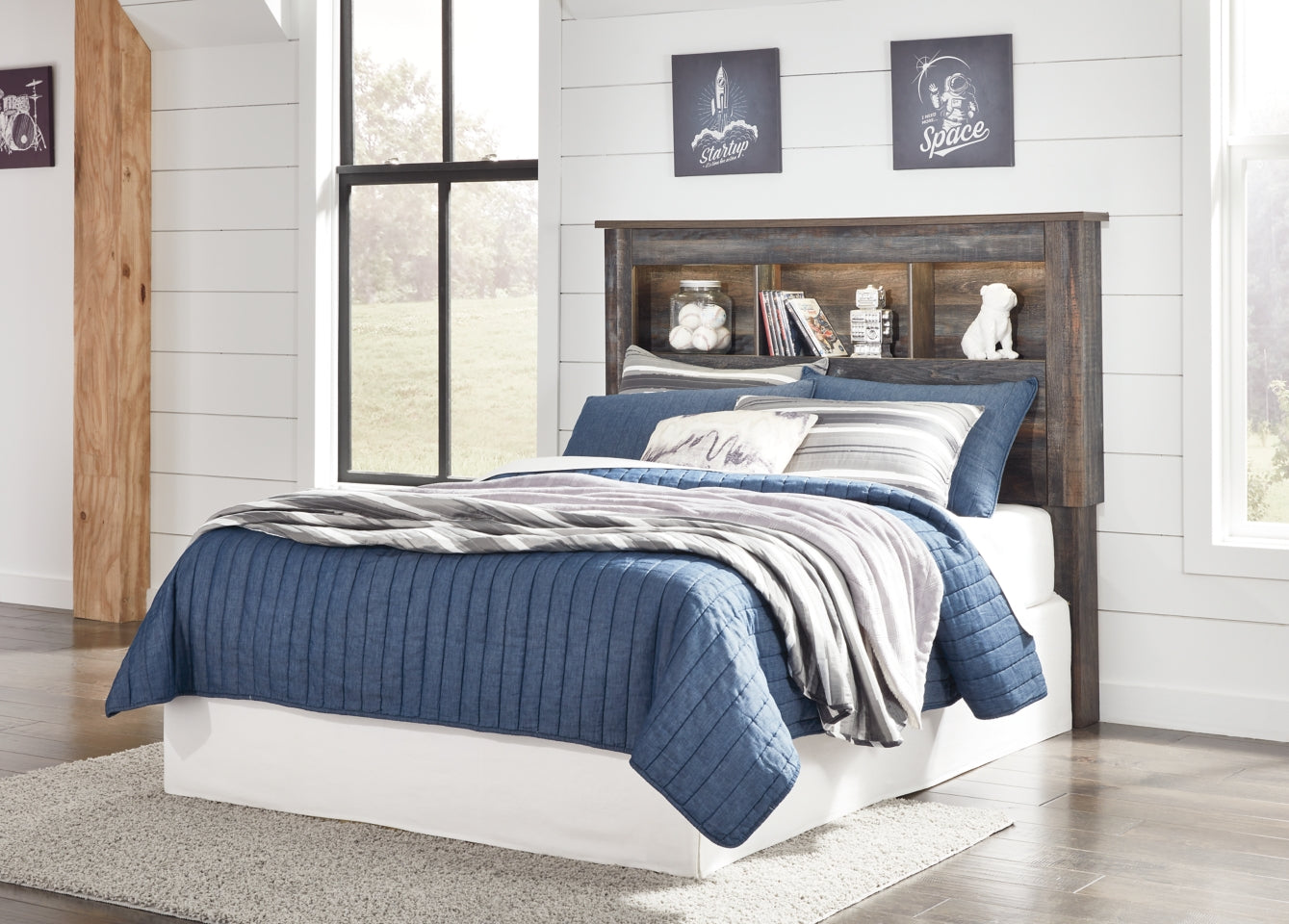 Drystan Queen/Full Bookcase Headboard Bed with Mirrored Dresser - furniture place usa