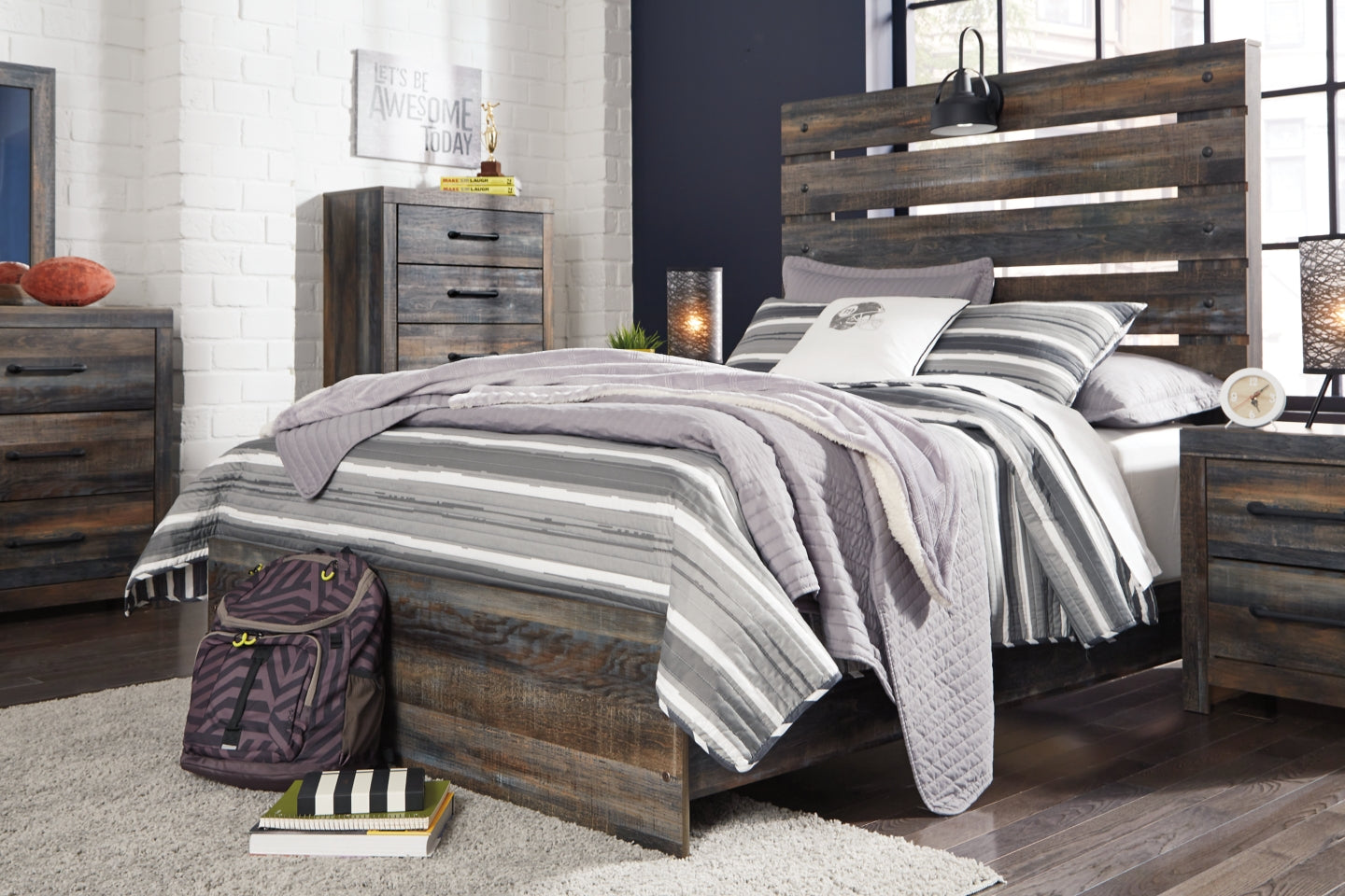 Drystan Full Panel Bed with 4 Storage Drawers with Mirrored Dresser and 2 Nightstands - furniture place usa