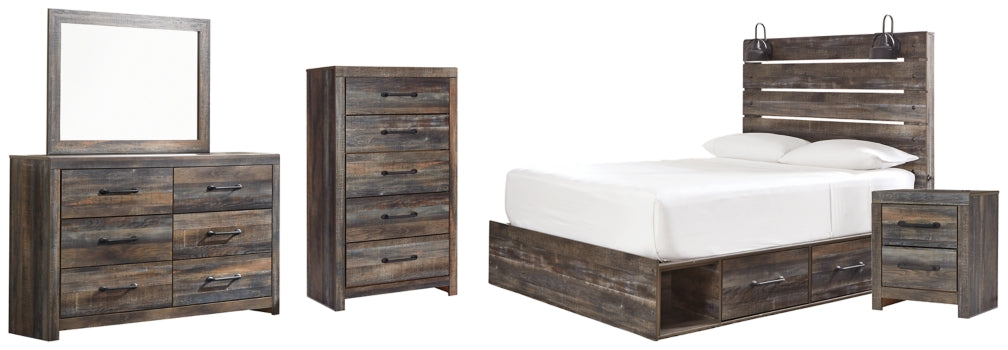 Drystan Queen Panel Bed with 2 Storage Drawers with Mirrored Dresser, Chest and Nightstand - PKG003172 - furniture place usa