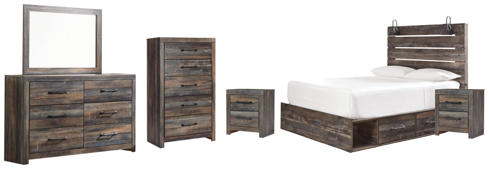 Drystan Queen Panel Bed with 2 Storage Drawers with Mirrored Dresser, Chest and 2 Nightstands - PKG003173 - furniture place usa