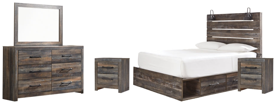 Drystan Queen Panel Bed with 2 Storage Drawers with Mirrored Dresser and 2 Nightstands - PKG003169 - furniture place usa