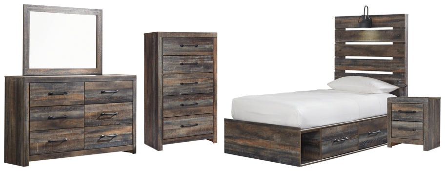 Drystan Twin Panel Bed with 4 Storage Drawers with Mirrored Dresser, Chest and Nightstand - furniture place usa