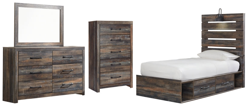 Drystan Twin Panel Bed with 4 Storage Drawers with Mirrored Dresser and Chest - furniture place usa