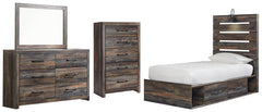 Drystan Twin Panel Bed with 4 Storage Drawers with Mirrored Dresser and Chest - furniture place usa