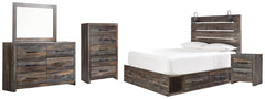 Drystan Queen Panel Bed with 4 Storage Drawers with Mirrored Dresser, Chest and Nightstand - furniture place usa
