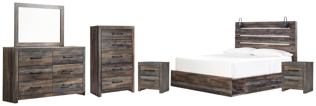 Drystan King Panel Bed with 2 Storage Drawers with Mirrored Dresser, Chest and 2 Nightstands - furniture place usa