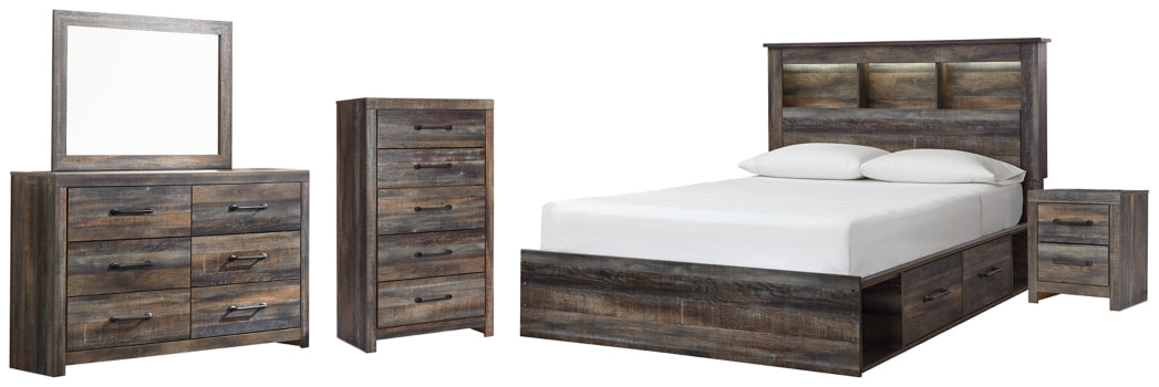 Drystan Queen Bookcase Bed with 4 Storage Drawers with Mirrored Dresser, Chest and Nightstand - furniture place usa