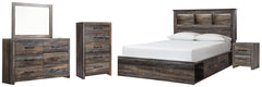 Drystan Queen Bookcase Bed with 4 Storage Drawers with Mirrored Dresser, Chest and Nightstand - furniture place usa