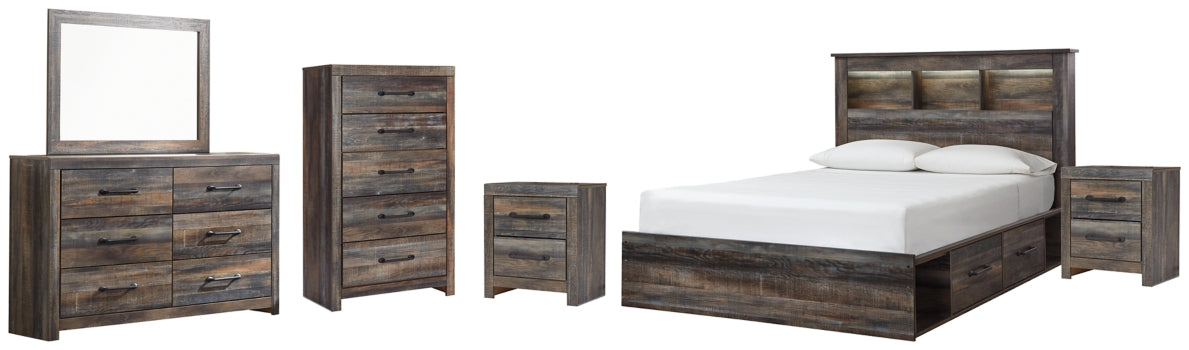 Drystan Queen Bookcase Bed with 4 Storage Drawers with Mirrored Dresser, Chest and 2 Nightstands - furniture place usa