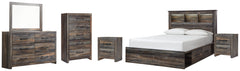 Drystan Queen Bookcase Bed with 4 Storage Drawers with Mirrored Dresser, Chest and 2 Nightstands - furniture place usa