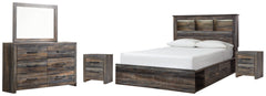 Drystan Queen Bookcase Bed with 4 Storage Drawers with Mirrored Dresser and 2 Nightstands - furniture place usa