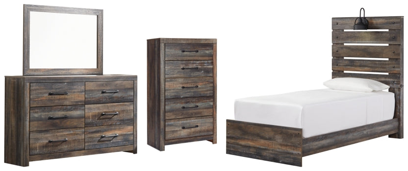 Drystan Twin Panel Bed with Mirrored Dresser and Chest - furniture place usa