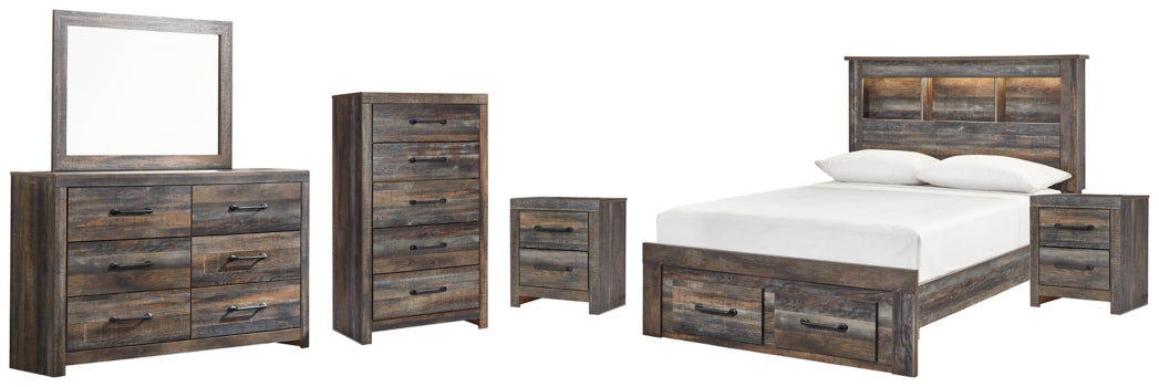 Drystan Full Bookcase Bed with 2 Storage Drawers with Mirrored Dresser, Chest and 2 Nightstands - PKG003239 - furniture place usa