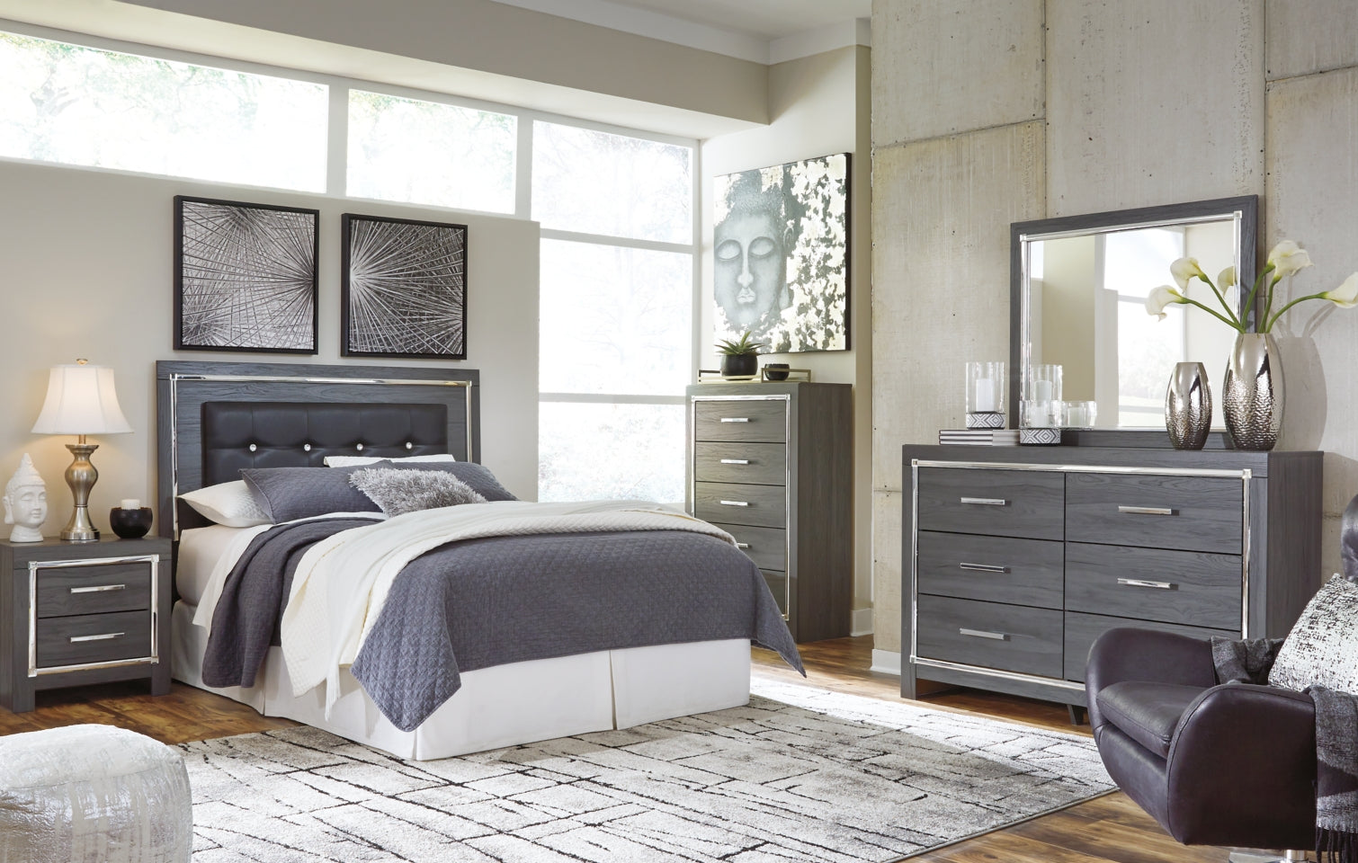 Lodanna Queen/Full Upholstered Panel Headboard Bed with Mirrored Dresser and Chest - furniture place usa