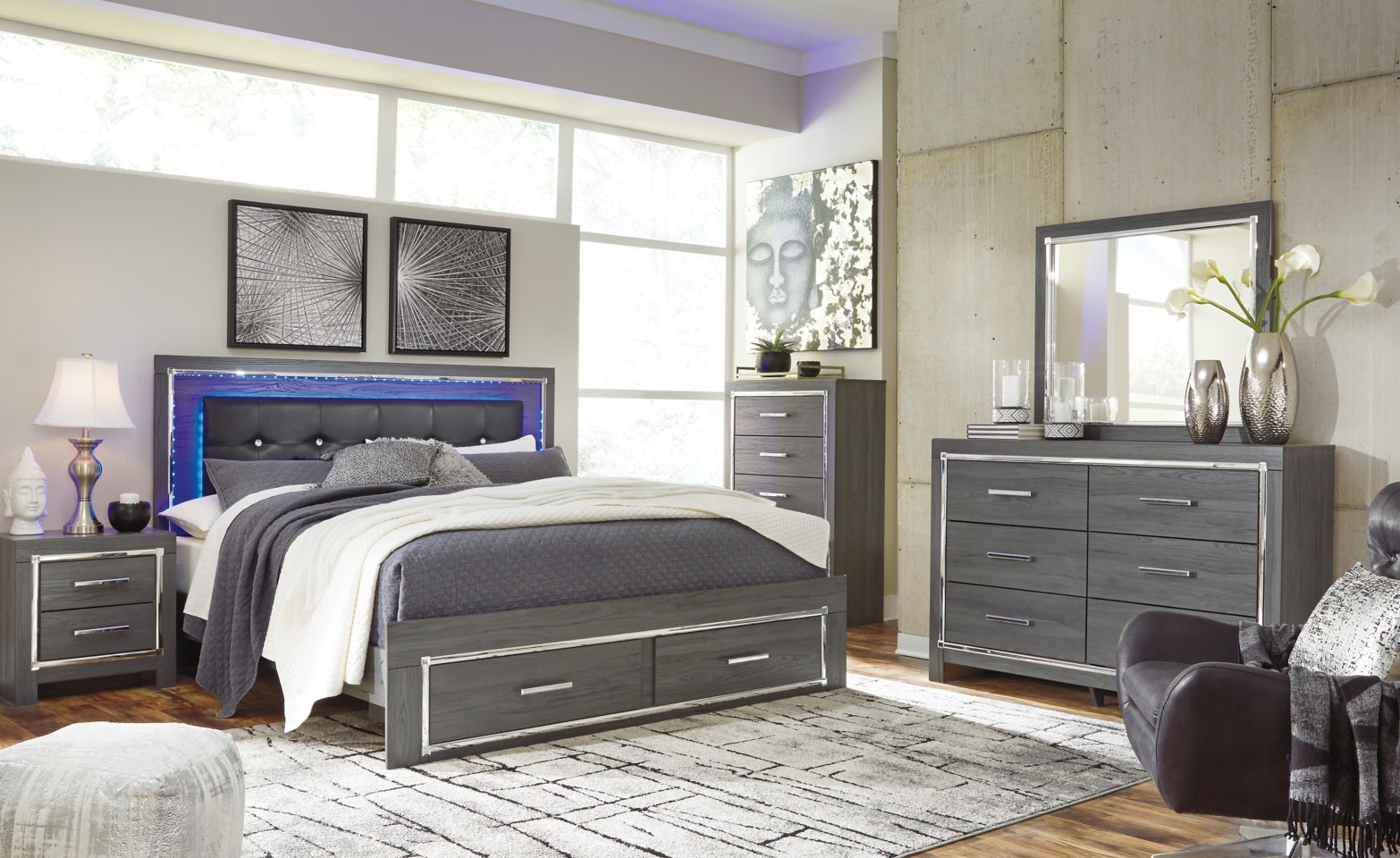 Lodanna King Panel Bed with 2 Storage Drawers with Mirrored Dresser and 2 Nightstands - PKG003590 - furniture place usa