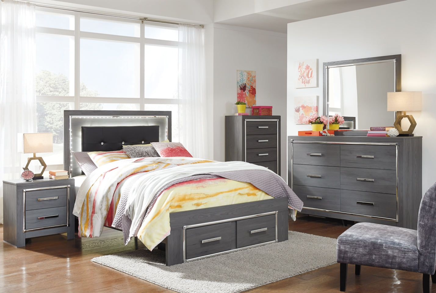 Lodanna Full Panel Bed with 2 Storage Drawers with Mirrored Dresser, Chest and Nightstand - furniture place usa