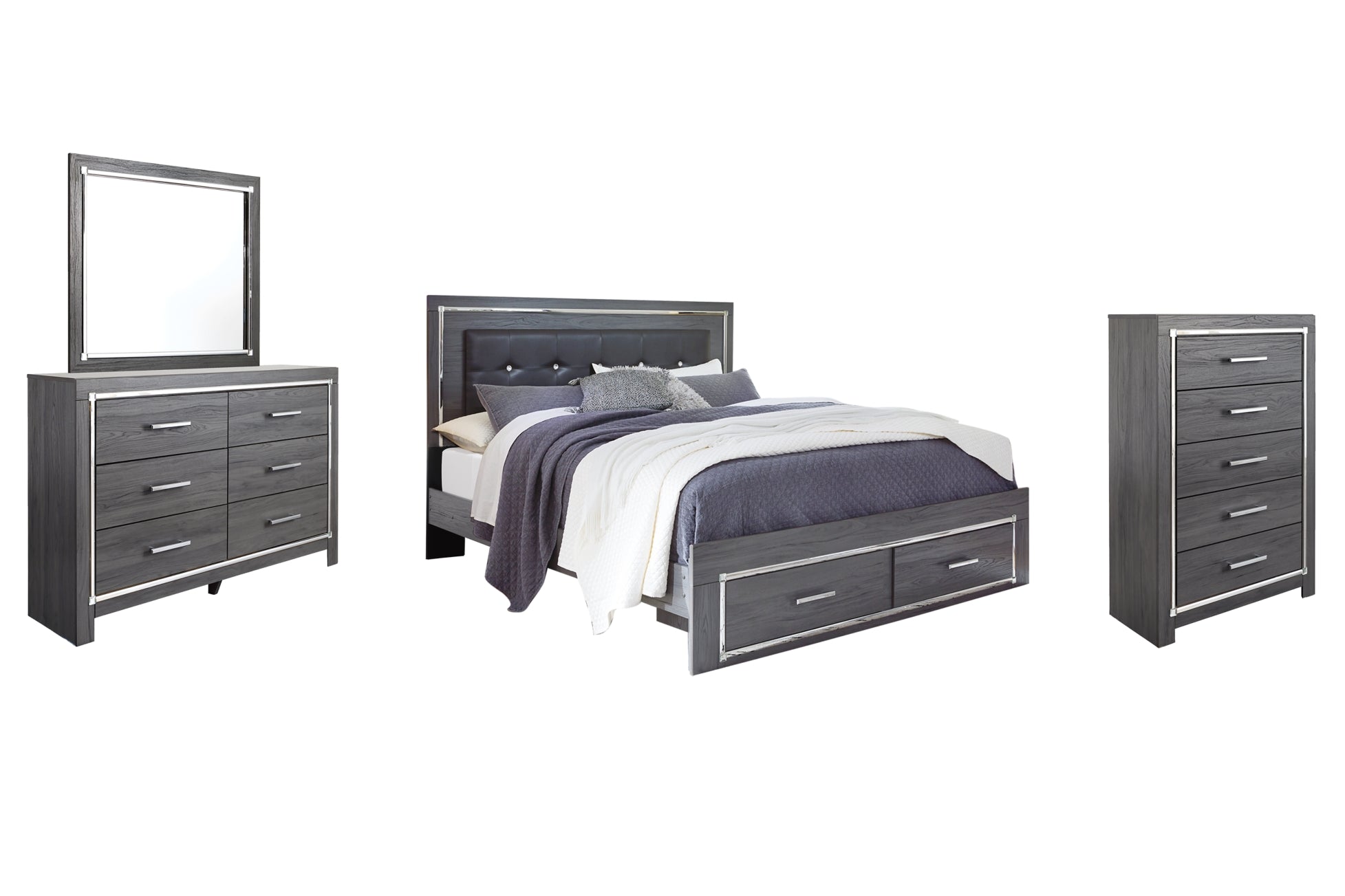Lodanna King Panel Bed with 2 Storage Drawers with Mirrored Dresser, Chest and Nightstand - PKG003592 - furniture place usa