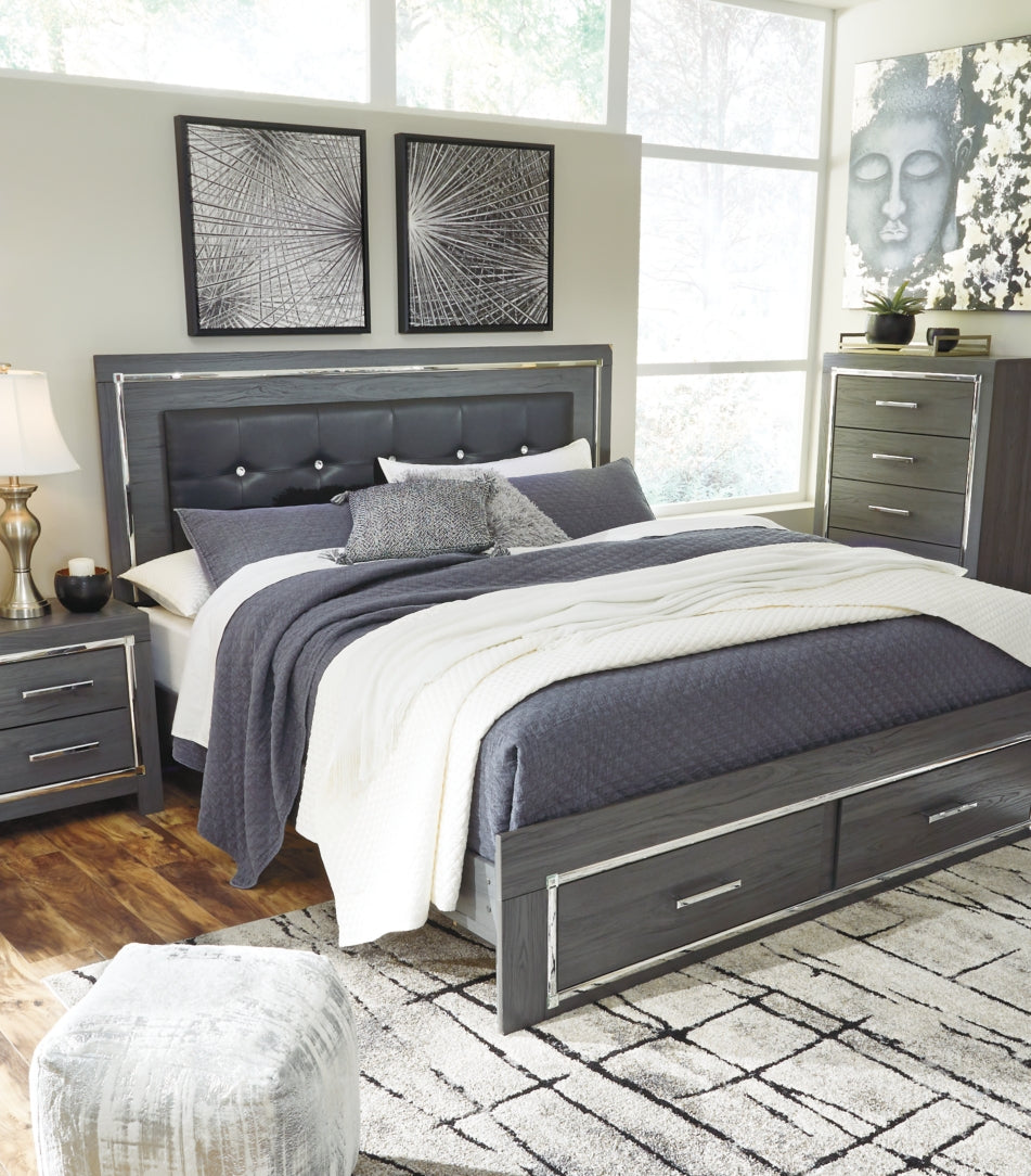 Lodanna King Panel Bed with 2 Storage Drawers with Mirrored Dresser and Nightstand - furniture place usa