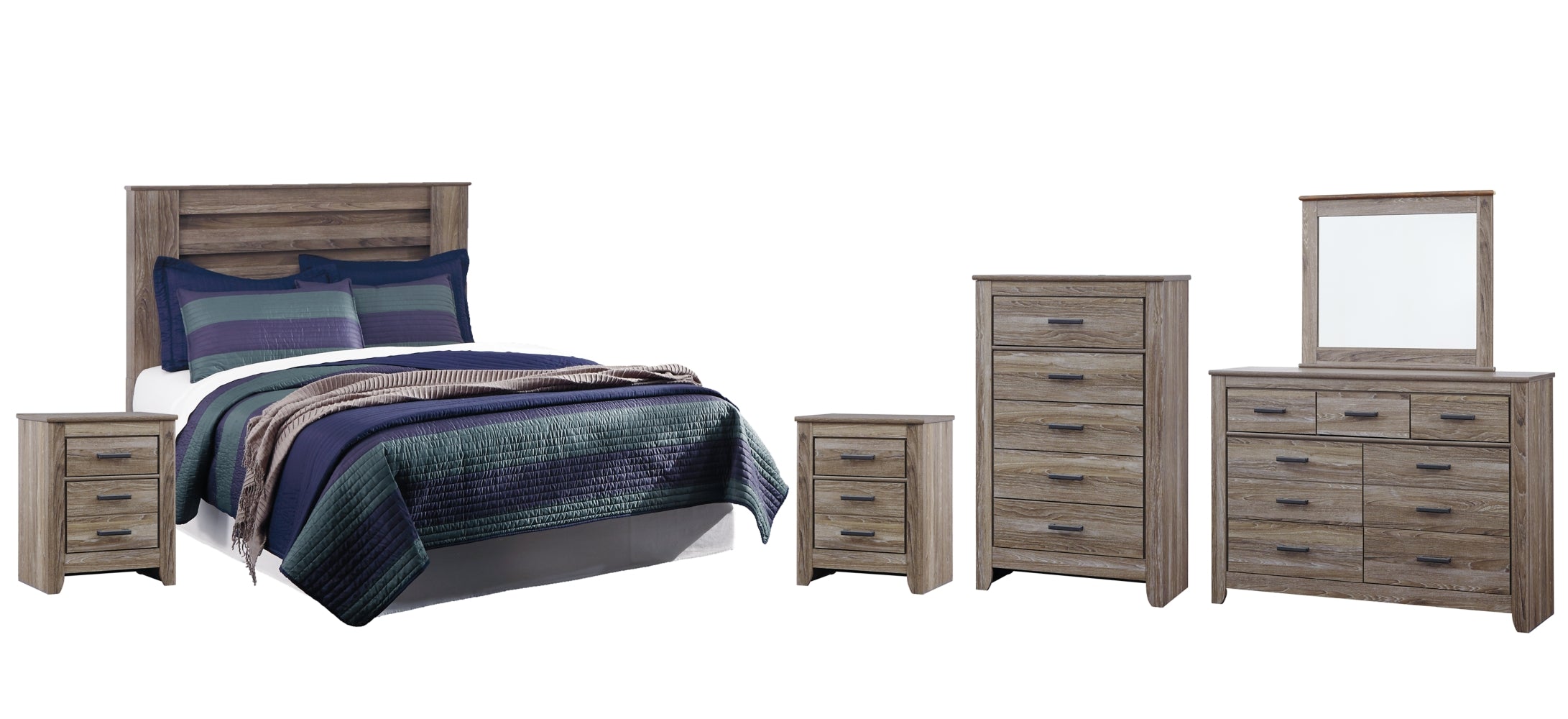 Zelen Queen/Full Panel Headboard Bed with Mirrored Dresser, Chest and 2 Nightstands - furniture place usa