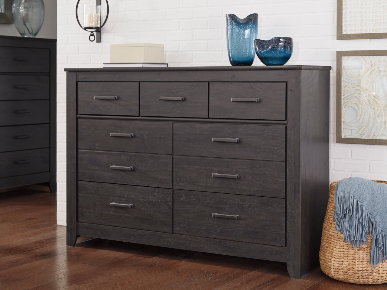 Brinxton Queen/Full Panel Headboard Bed with Mirrored Dresser, Chest and Nightstand - furniture place usa