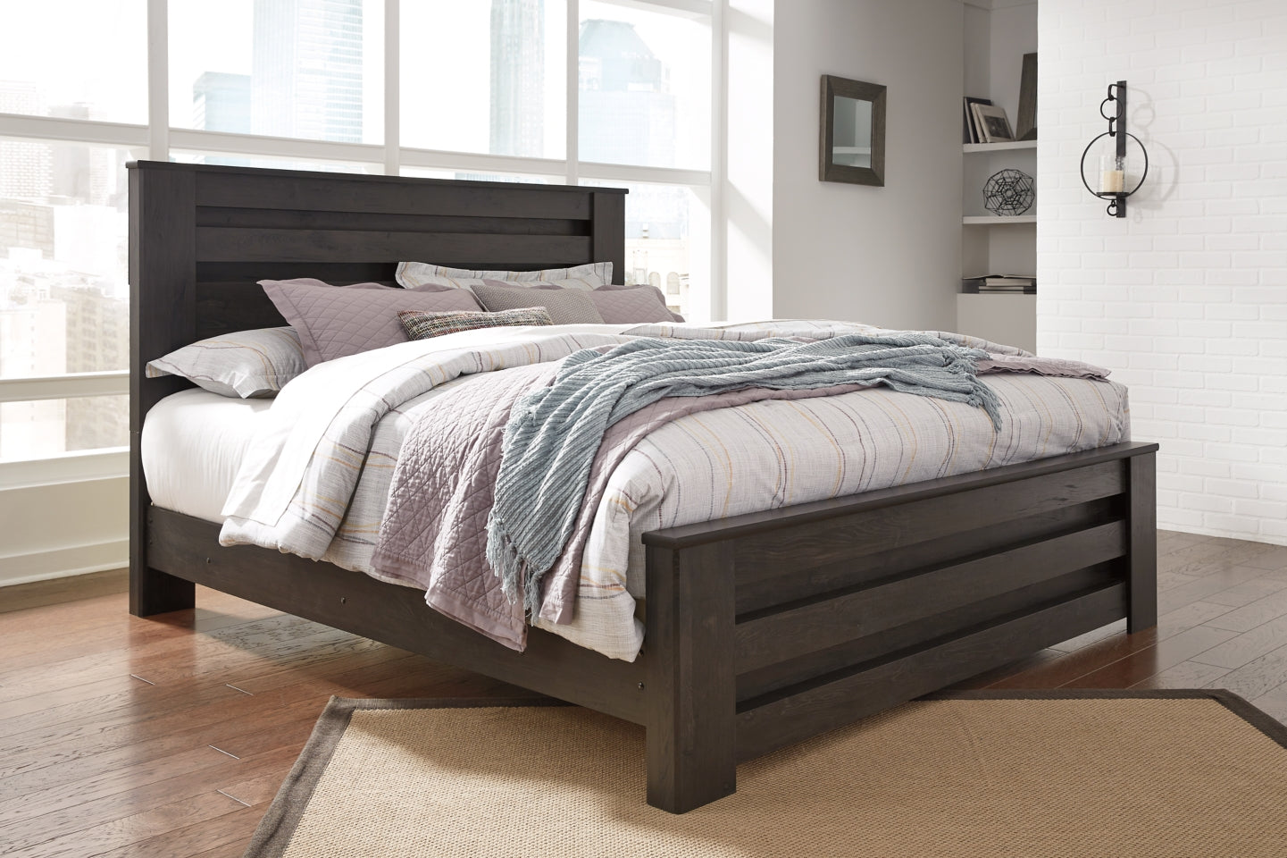 Brinxton King/California King Panel Headboard Bed with Mirrored Dresser and 2 Nightstands - furniture place usa