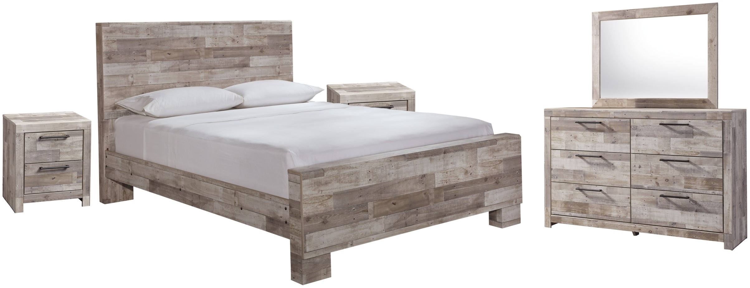Effie Queen Panel Bed with Mirrored Dresser and 2 Nightstands - furniture place usa