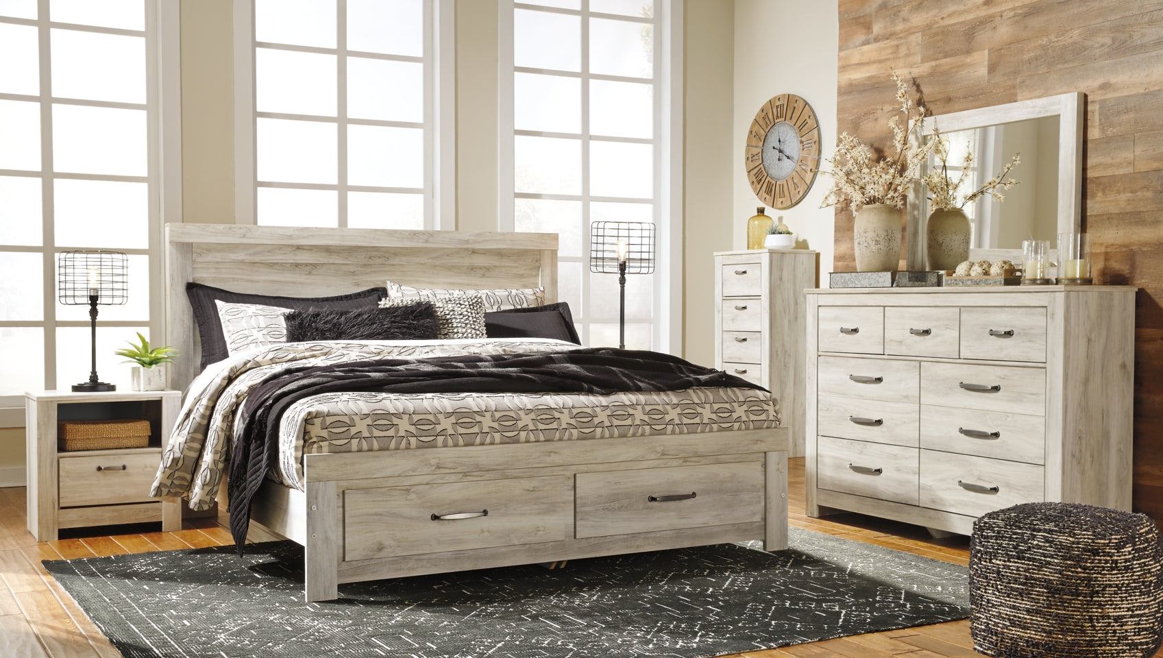 Bellaby Queen Platform Bed with 2 Storage Drawers with Mirrored Dresser, Chest and 2 Nightstands - furniture place usa