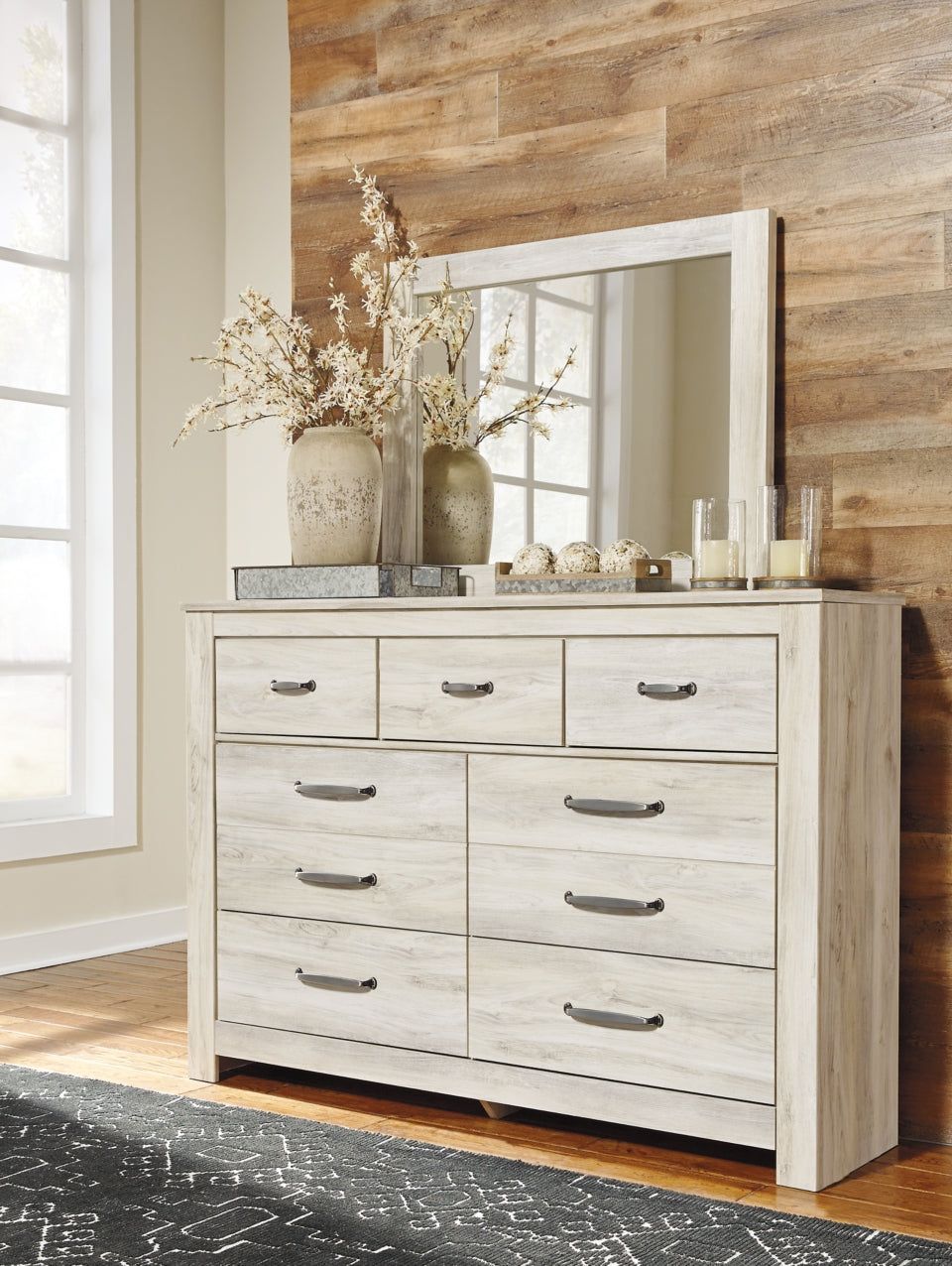 Bellaby Queen Crossbuck Panel Bed with Mirrored Dresser - furniture place usa