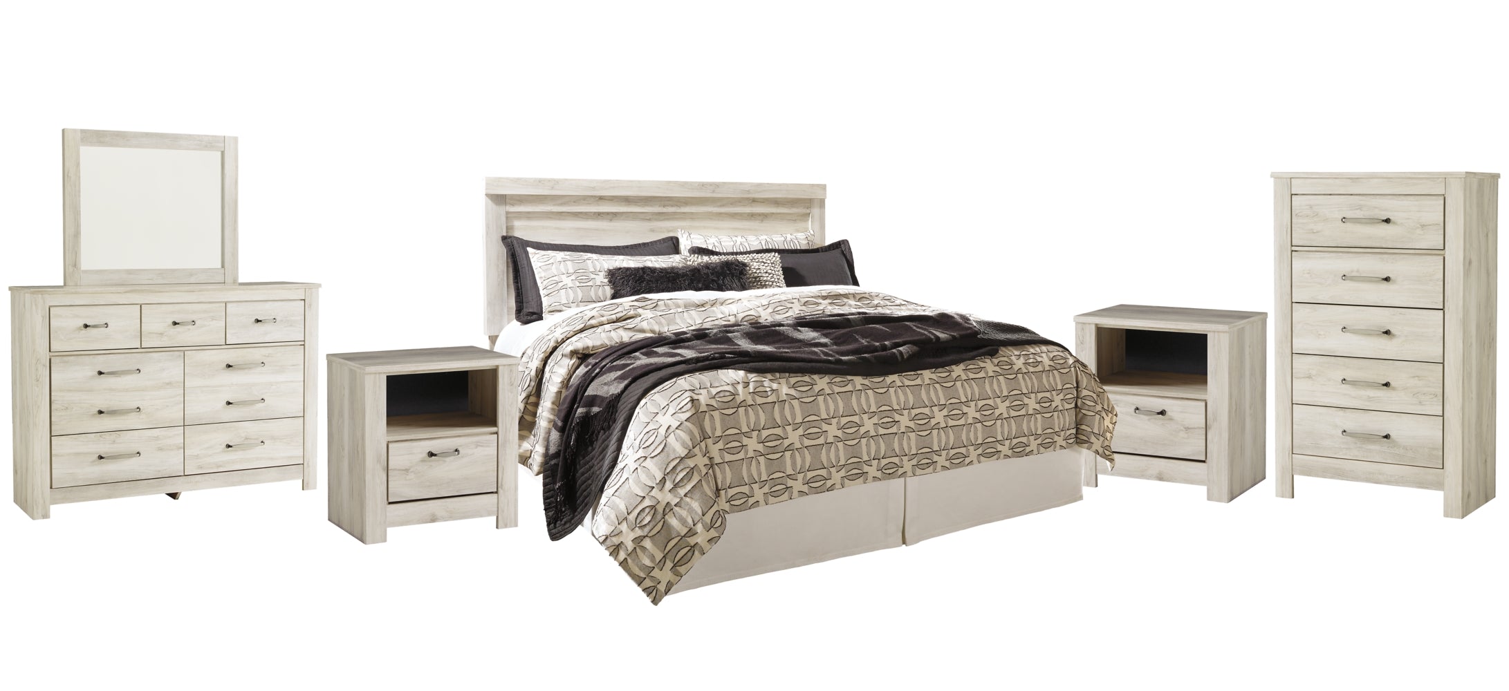 Bellaby Queen Panel Headboard Bed with Mirrored Dresser, Chest and 2 Nightstands - furniture place usa