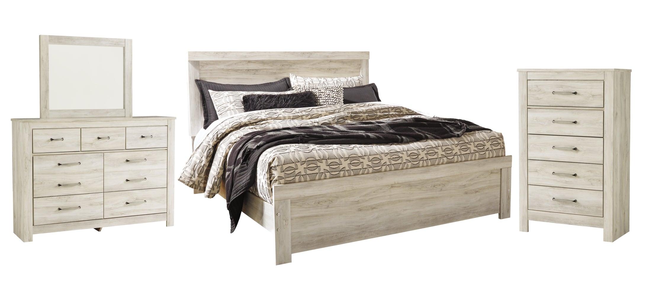 Bellaby Queen Panel Bed with Mirrored Dresser and Chest - furniture place usa