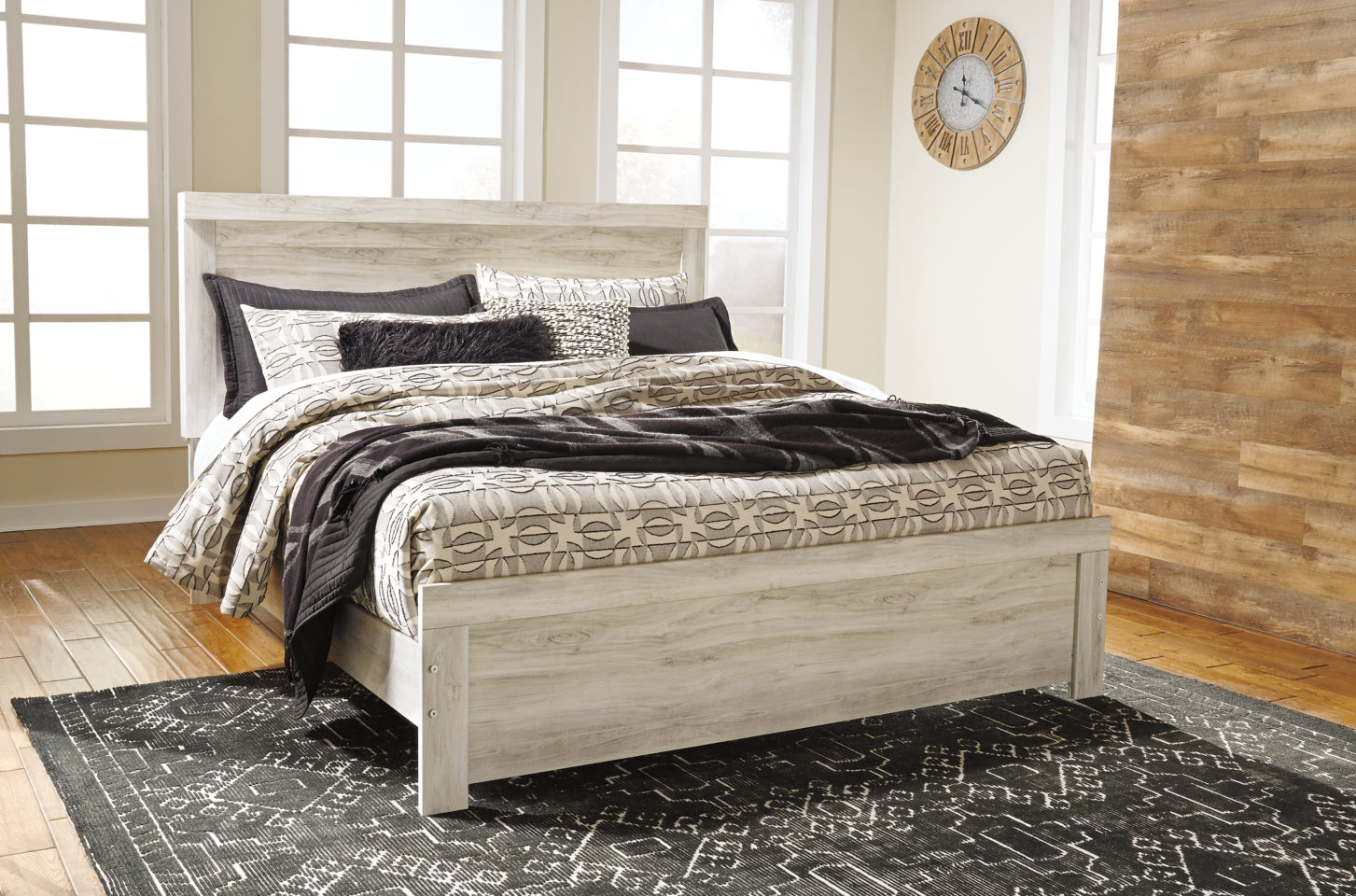 Bellaby Queen Panel Bed with Mirrored Dresser and Chest - furniture place usa