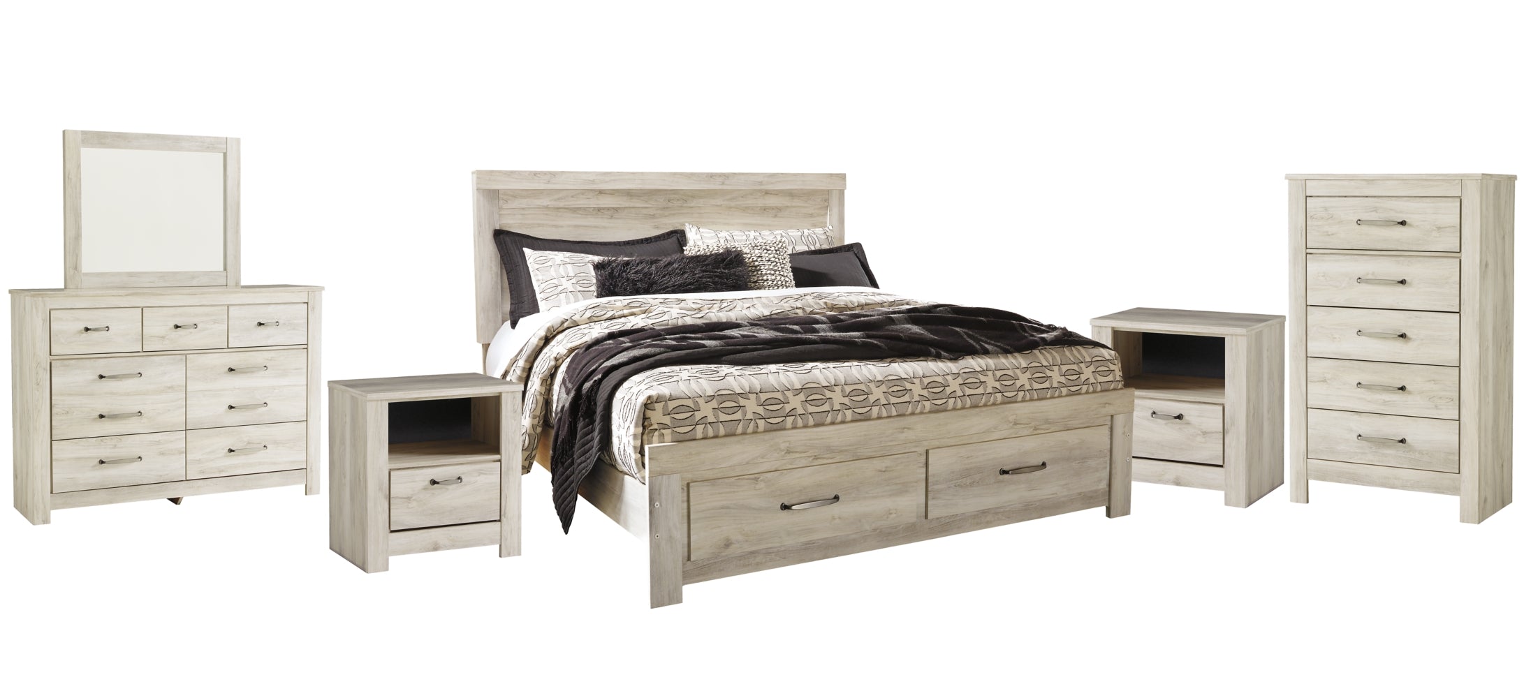 Bellaby Queen Platform Bed with 2 Storage Drawers with Mirrored Dresser, Chest and 2 Nightstands - furniture place usa