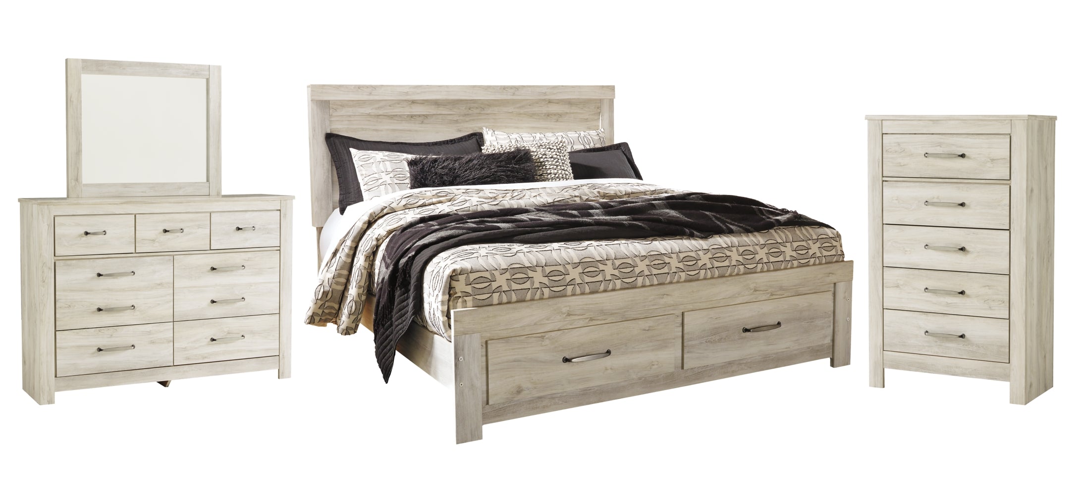 Bellaby Queen Platform Bed with 2 Storage Drawers with Mirrored Dresser and Chest - furniture place usa
