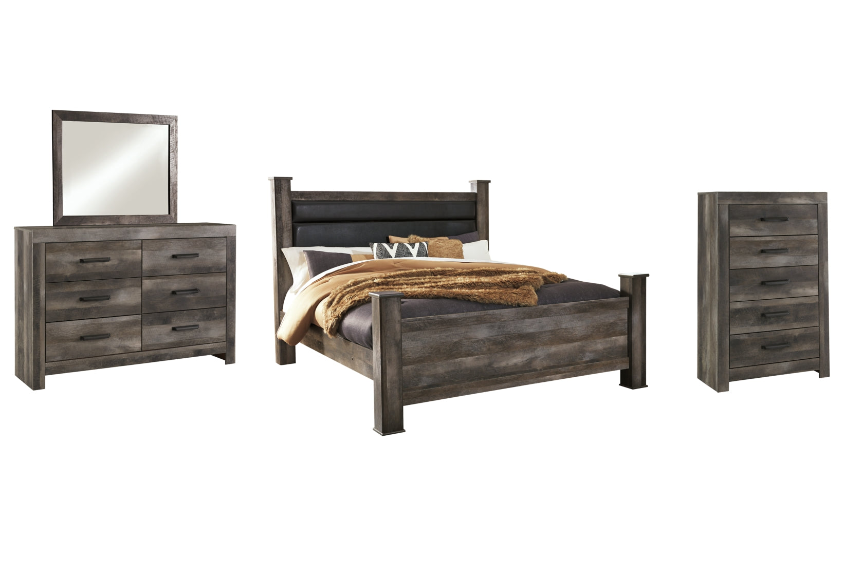 Wynnlow King Poster Bed with Mirrored Dresser and Chest - furniture place usa