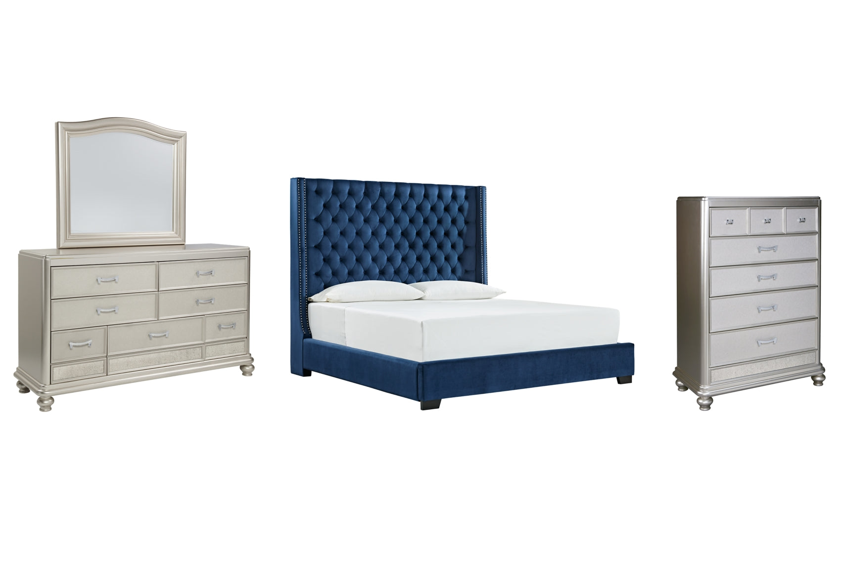 Coralayne California King Upholstered Bed with Mirrored Dresser and Chest - PKG010744 - furniture place usa