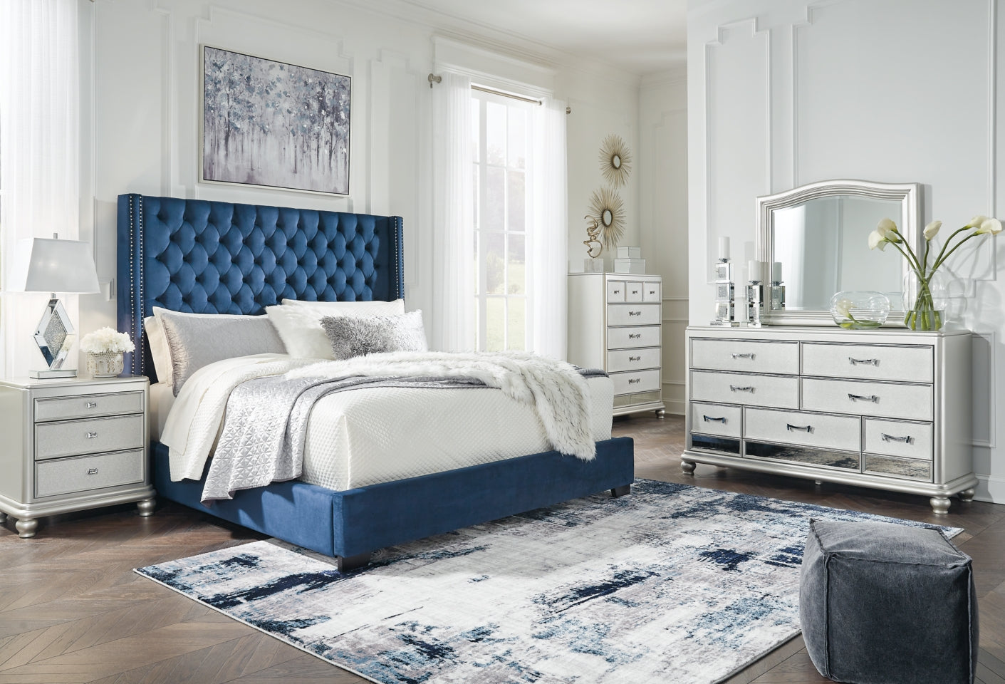 Coralayne California King Upholstered Bed with Mirrored Dresser and Chest - PKG010744 - furniture place usa