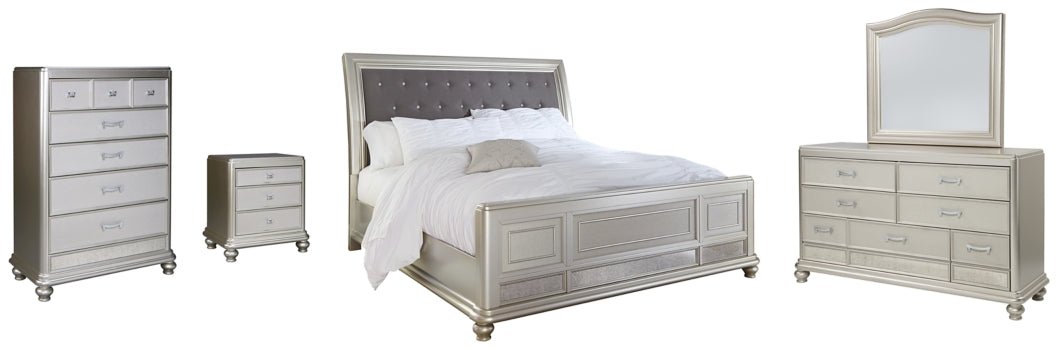 Coralayne California King Upholstered Sleigh Bed with Mirrored Dresser, Chest and Nightstand - PKG007862 - furniture place usa