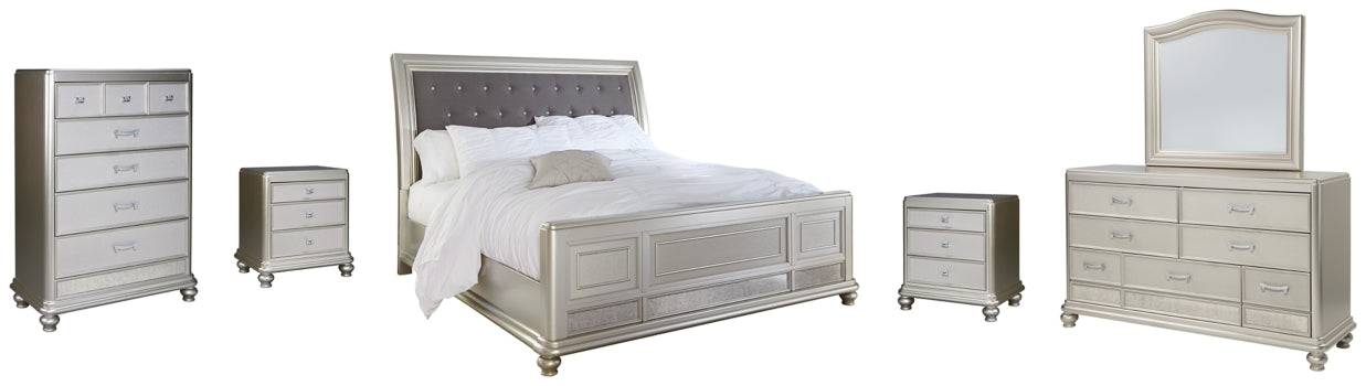 Coralayne California King Upholstered Sleigh Bed with Mirrored Dresser, Chest and 2 Nightstands - PKG007863 - furniture place usa