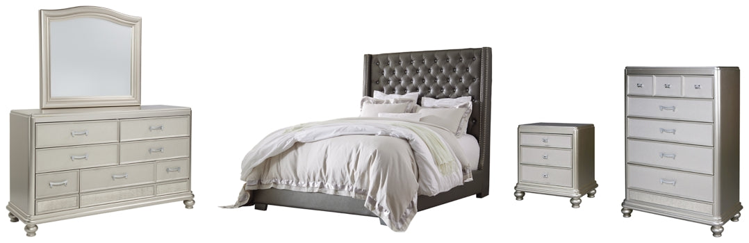 Coralayne King Upholstered Bed with Mirrored Dresser, Chest and Nightstand - PKG007786 - furniture place usa