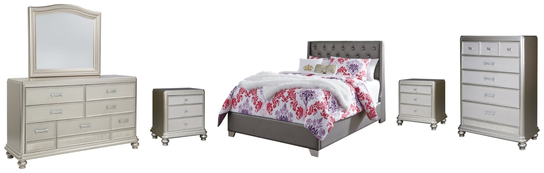 Coralayne Full Upholstered Bed with Mirrored Dresser, Chest and 2 Nightstands - PKG007810 - furniture place usa