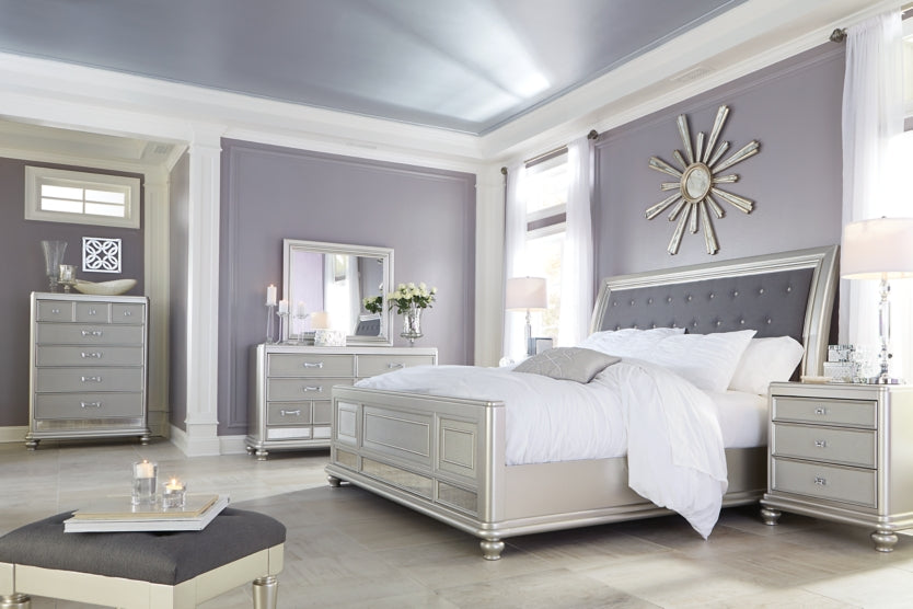 Coralayne Queen Upholstered Sleigh Bed with Mirrored Dresser, Chest and 2 Nightstands - PKG007815 - furniture place usa