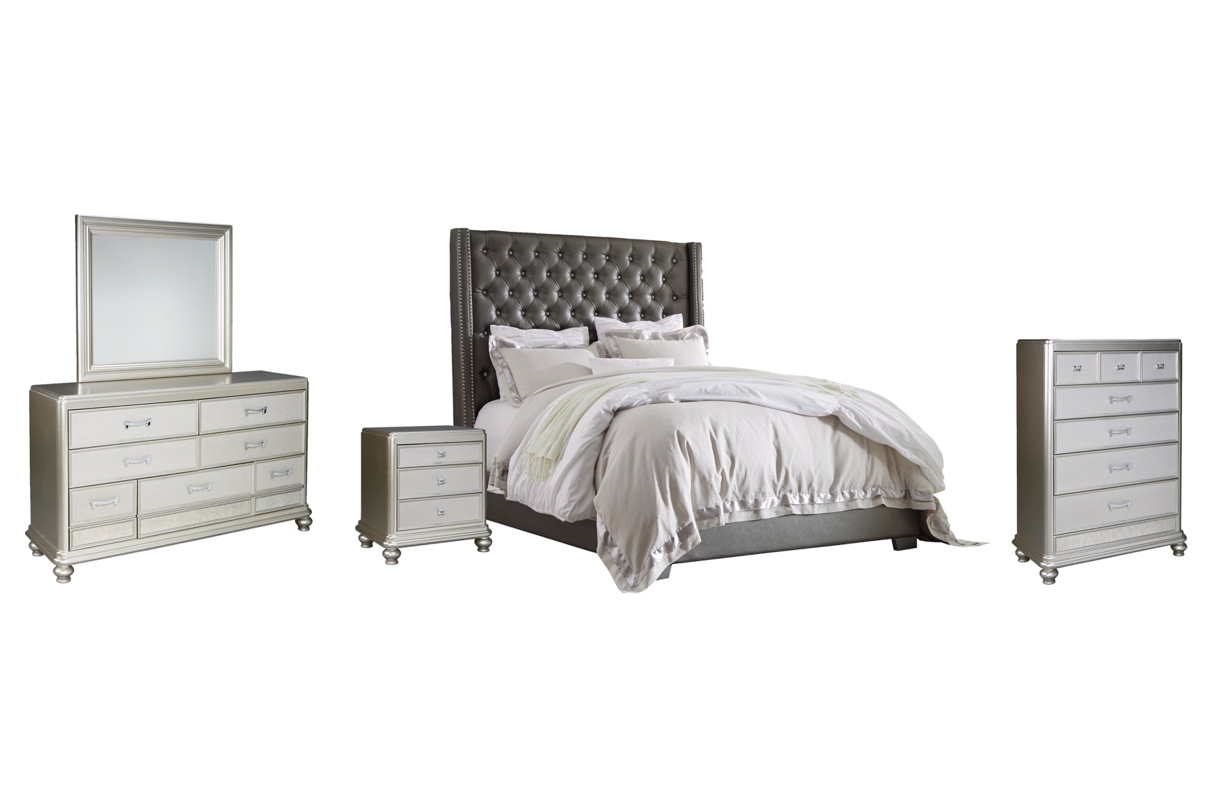 Coralayne Queen Upholstered Bed with Mirrored Dresser, Chest and Nightstand - PKG007770 - furniture place usa